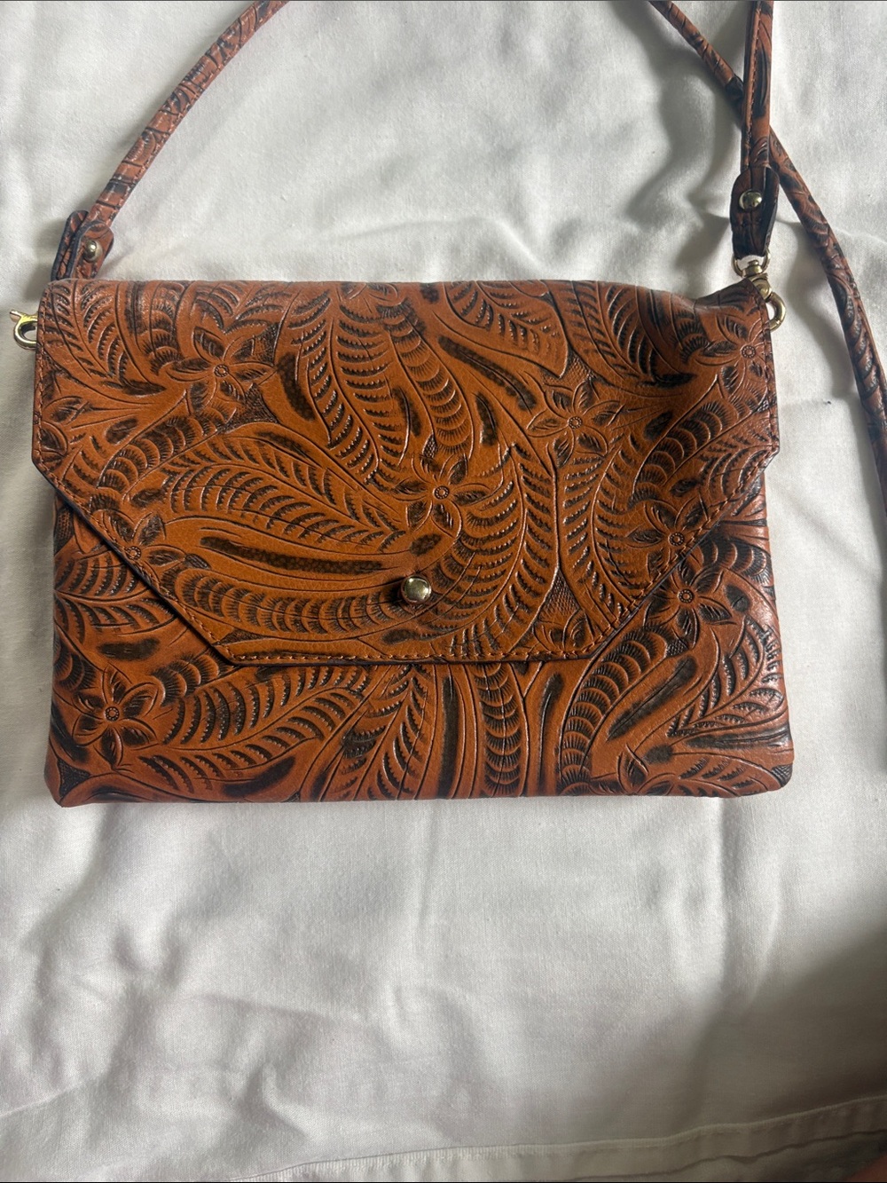 Street Level Hand-Tooled Floral Leather Crossbody - Brown